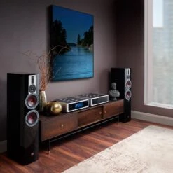 NAD Masters Series M23 HybridDigital Stereo Power Amplifier -Home Electronics Store NADM23M33onWoodCabinetwithDaliTowersWideSide Facebook 2048x2048 1