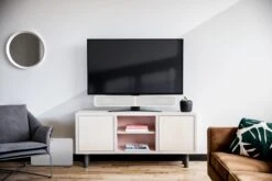 Bluesound PULSE SOUNDBAR+ Wireless Streaming Sound System -Home Electronics Store PULSE SOUNDBAR and SUB with TV Stand White e1503686880573